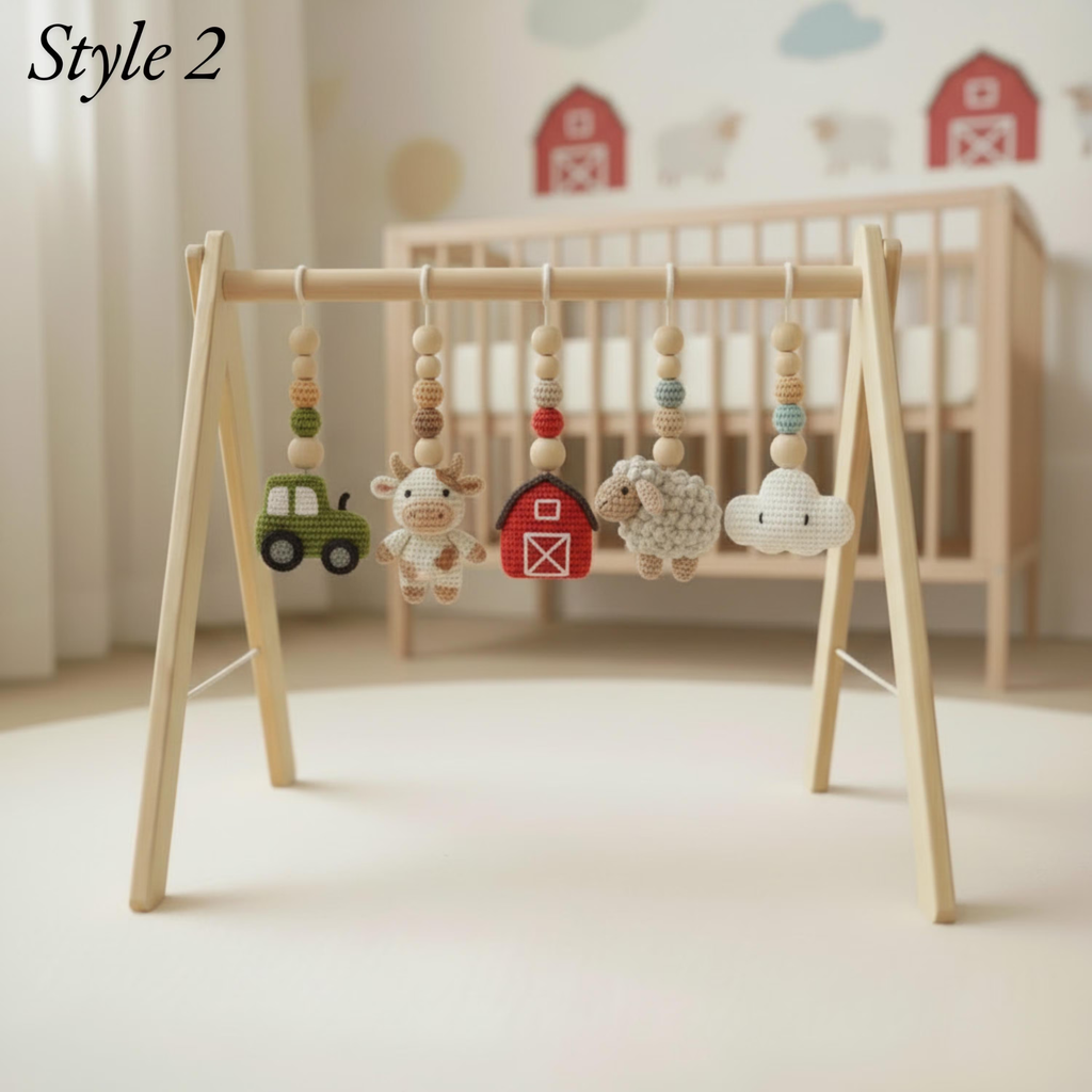 Montessori Baby Gym Farm Animals, Wooden Baby Play Gym with Crochet Cow Pig Tractor, Farm Nursery Decor, Neutral Baby Gift, Infant Toy