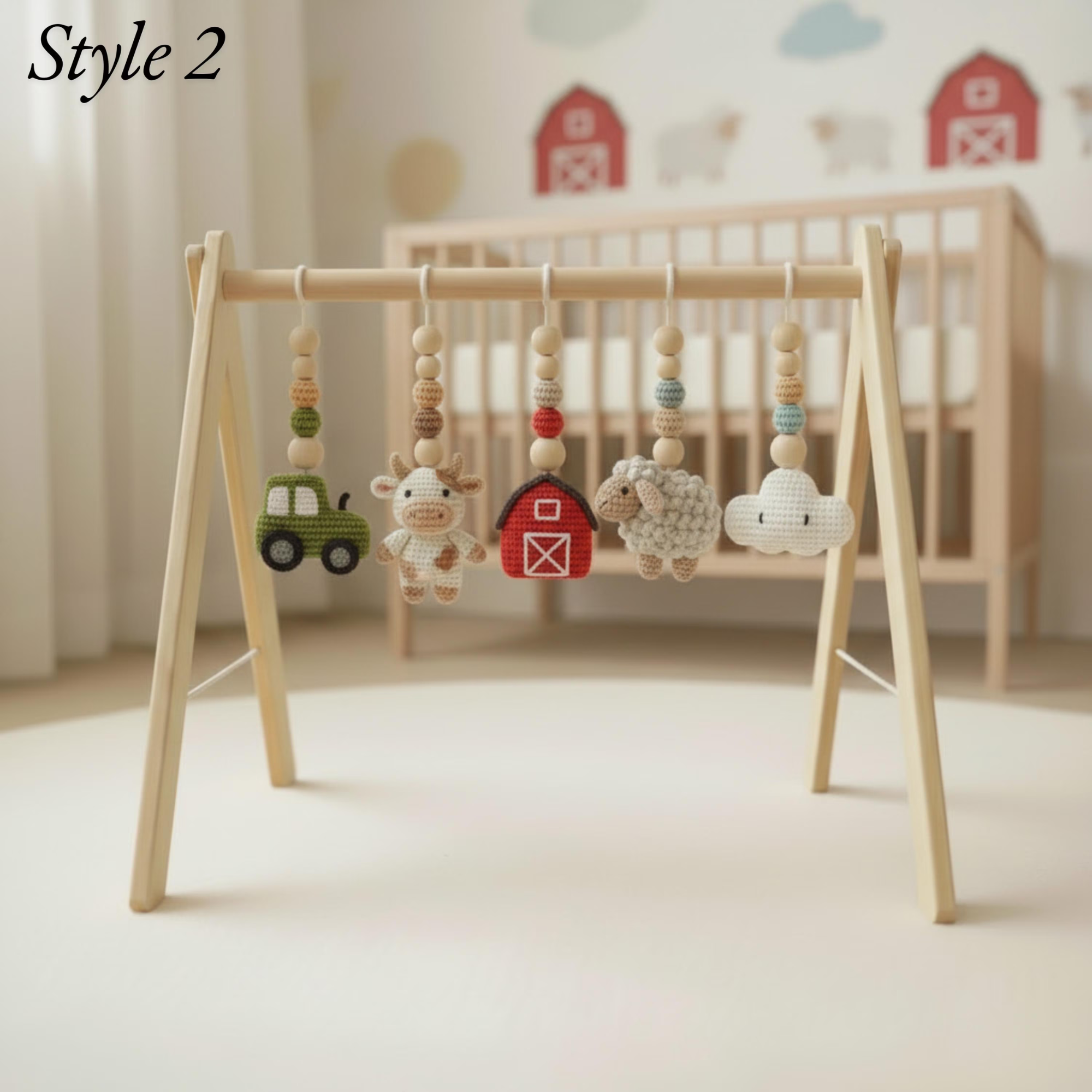 Montessori Baby Gym Farm Animals, Wooden Baby Play Gym with Crochet Cow Pig Tractor, Farm Nursery Decor, Neutral Baby Gift, Infant Toy