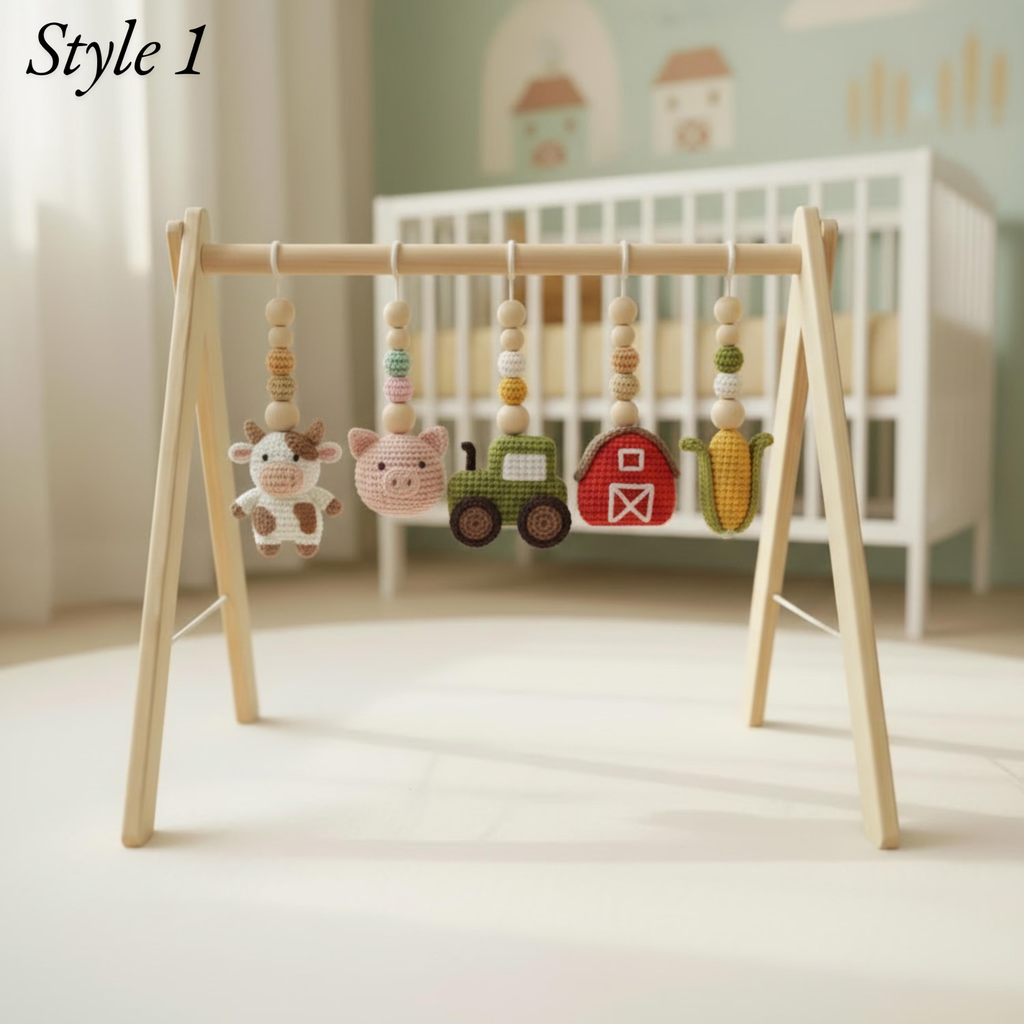 Montessori Baby Gym Farm Animals, Wooden Baby Play Gym with Crochet Cow Pig Tractor, Farm Nursery Decor, Neutral Baby Gift, Infant Toy