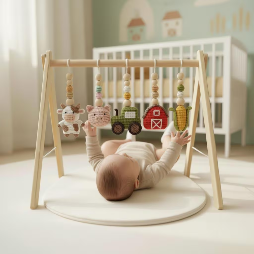 Montessori Baby Gym Farm Animals, Wooden Baby Play Gym with Crochet Cow Pig Tractor, Farm Nursery Decor, Neutral Baby Gift, Infant Toy