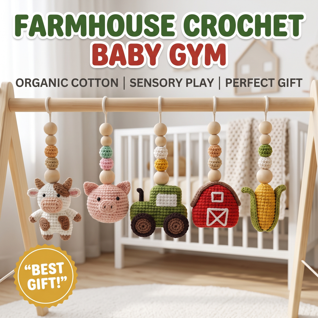 Montessori Baby Gym Farm Animals, Wooden Baby Play Gym with Crochet Cow Pig Tractor, Farm Nursery Decor, Neutral Baby Gift, Infant Toy