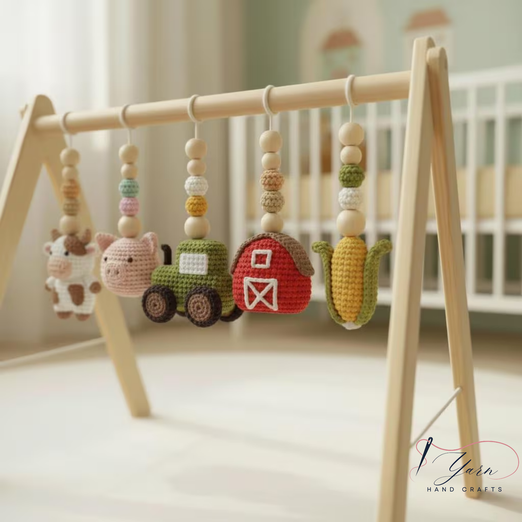 Montessori Baby Gym Farm Animals, Wooden Baby Play Gym with Crochet Cow Pig Tractor, Farm Nursery Decor, Neutral Baby Gift, Infant Toy