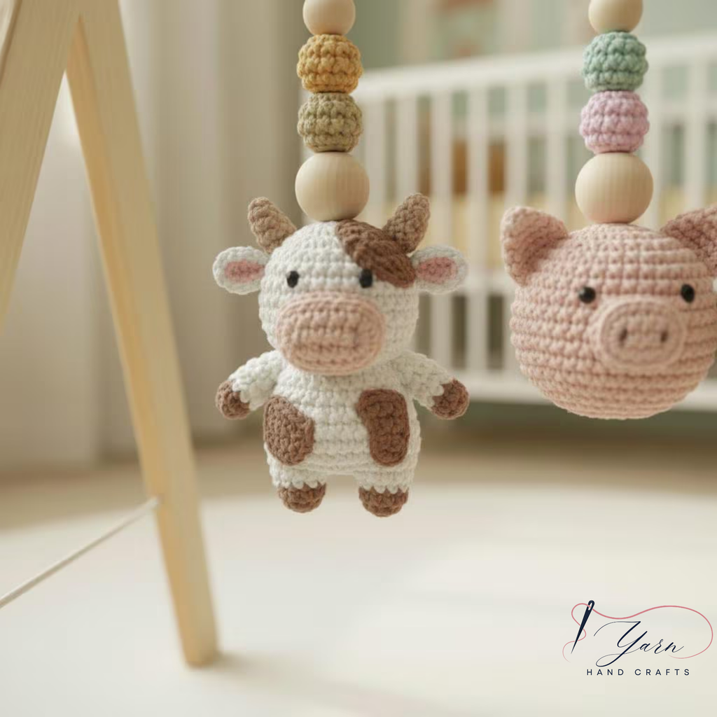 Montessori Baby Gym Farm Animals, Wooden Baby Play Gym with Crochet Cow Pig Tractor, Farm Nursery Decor, Neutral Baby Gift, Infant Toy