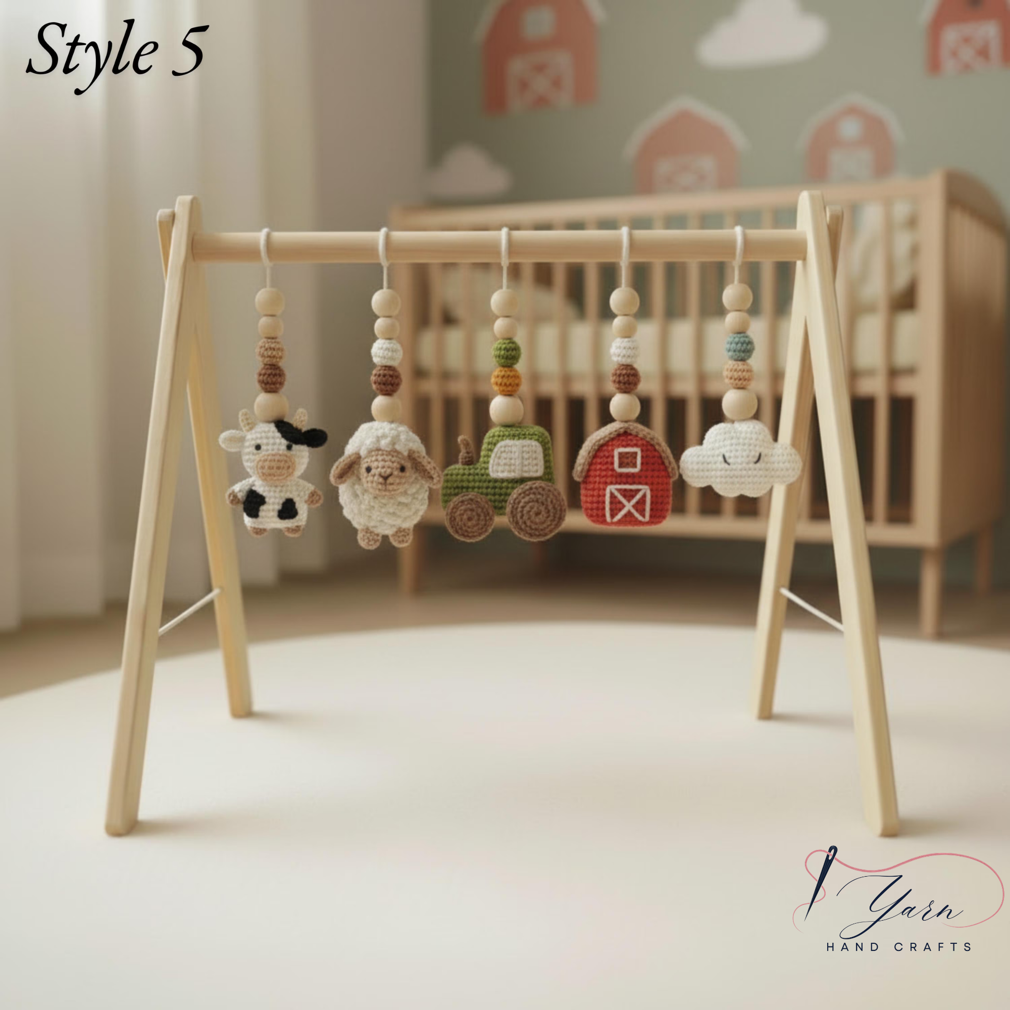 Montessori Baby Gym Farm Animals, Wooden Baby Play Gym with Crochet Cow Pig Tractor, Farm Nursery Decor, Neutral Baby Gift, Infant Toy