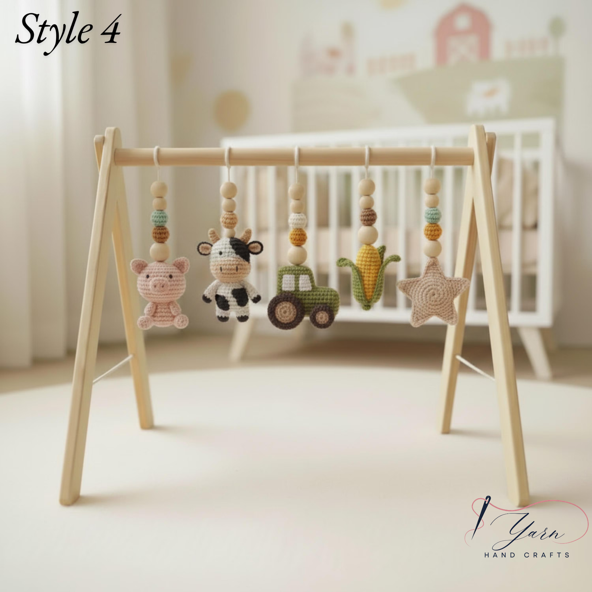 Montessori Baby Gym Farm Animals, Wooden Baby Play Gym with Crochet Cow Pig Tractor, Farm Nursery Decor, Neutral Baby Gift, Infant Toy