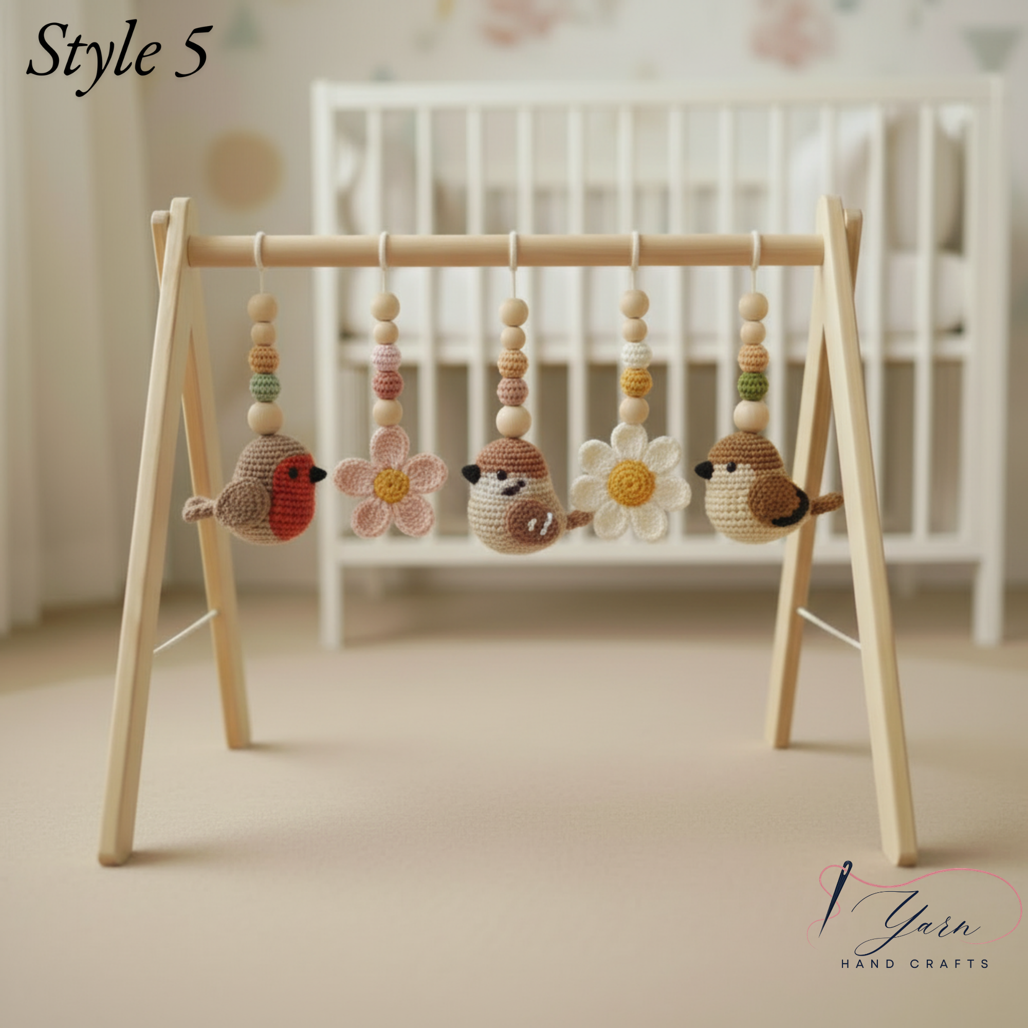 Celestial Bird Baby Gym, Wooden Play Gym with Crochet Birds, Tulip Moon & Star, Montessori Baby Activity Gym, Neutral Boho Nursery Decor, Baby Shower Gift