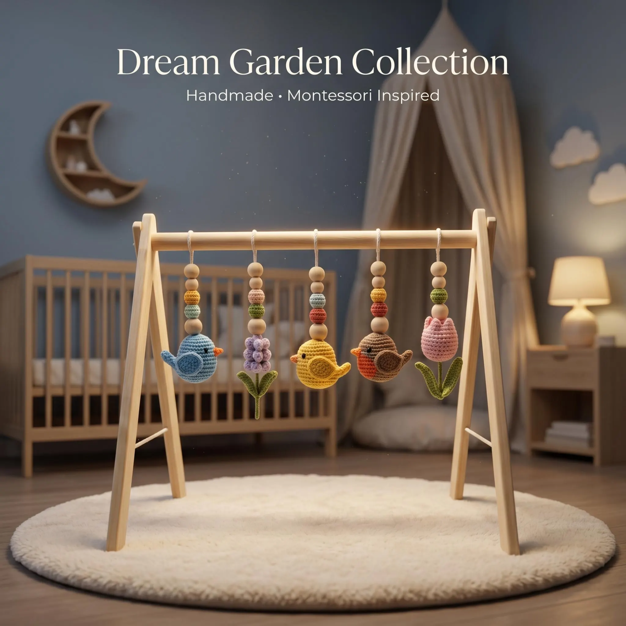 Celestial Bird Baby Gym, Wooden Play Gym with Crochet Birds, Tulip Moon & Star, Montessori Baby Activity Gym, Neutral Boho Nursery Decor, Baby Shower Gift