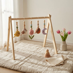 Celestial Bird Baby Gym, Wooden Play Gym with Crochet Birds, Tulip Moon & Star, Montessori Baby Activity Gym, Neutral Boho Nursery Decor, Baby Shower Gift