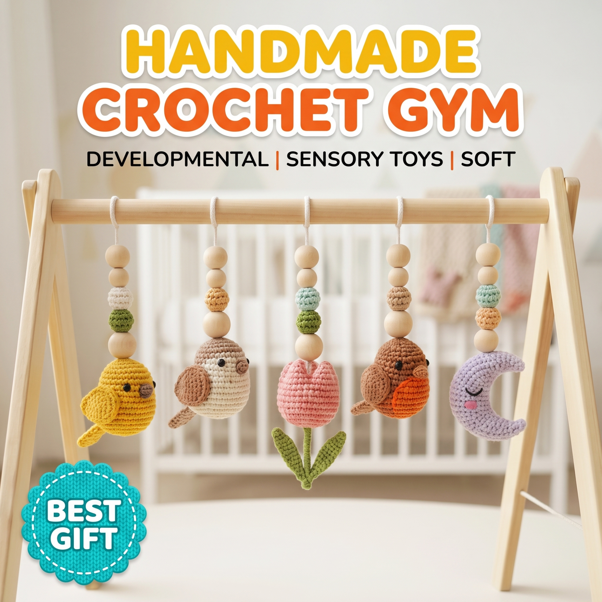 Celestial Bird Baby Gym, Wooden Play Gym with Crochet Birds, Tulip Moon & Star, Montessori Baby Activity Gym, Neutral Boho Nursery Decor, Baby Shower Gift