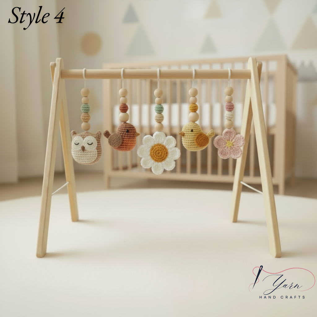 Celestial Bird Baby Gym, Wooden Play Gym with Crochet Birds, Tulip Moon & Star, Montessori Baby Activity Gym, Neutral Boho Nursery Decor, Baby Shower Gift