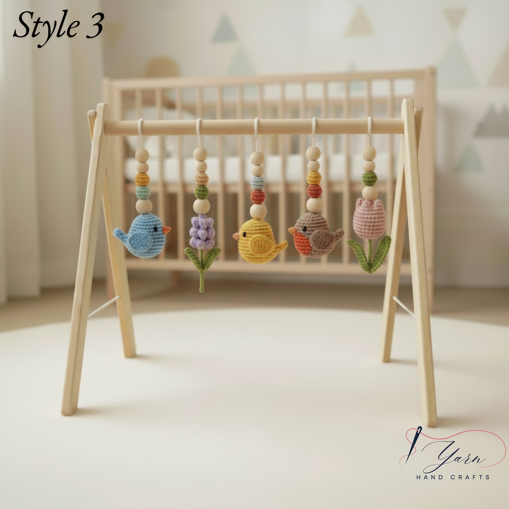 Celestial Bird Baby Gym, Wooden Play Gym with Crochet Birds, Tulip Moon & Star, Montessori Baby Activity Gym, Neutral Boho Nursery Decor, Baby Shower Gift