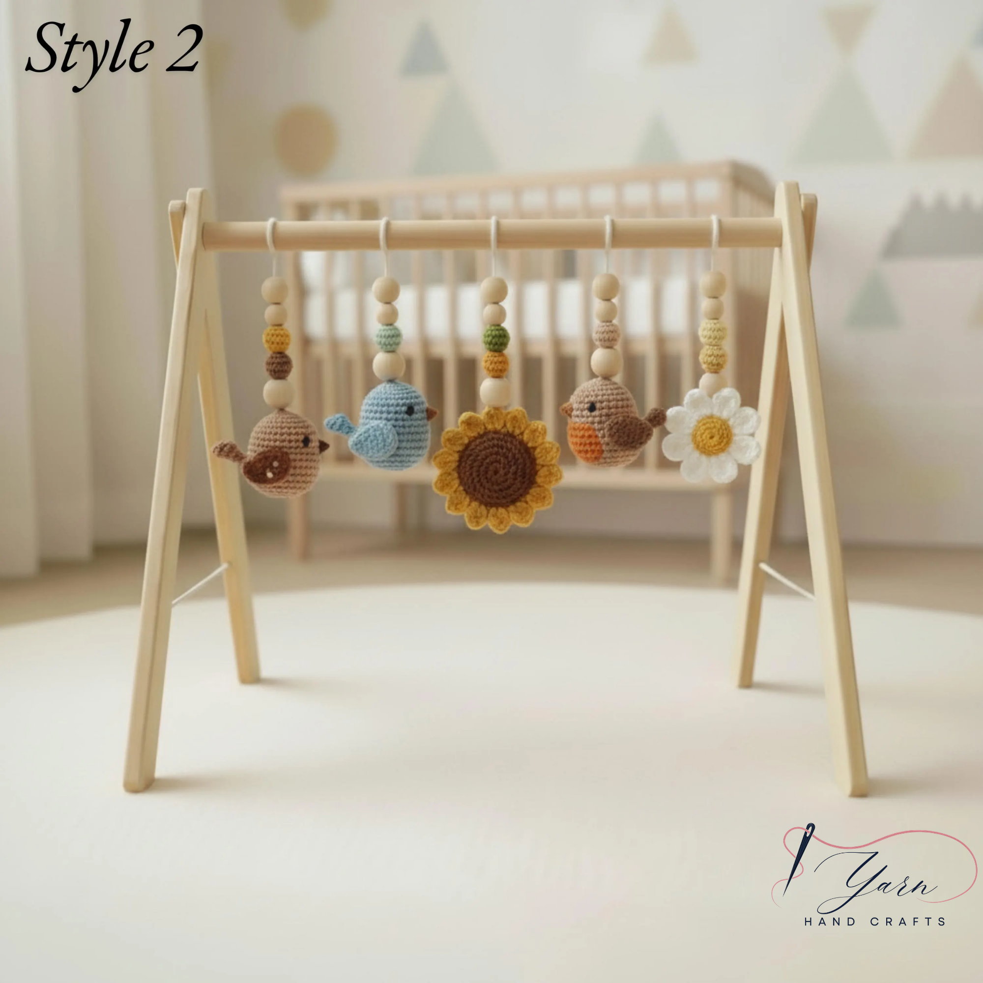 Celestial Bird Baby Gym, Wooden Play Gym with Crochet Birds, Tulip Moon & Star, Montessori Baby Activity Gym, Neutral Boho Nursery Decor, Baby Shower Gift