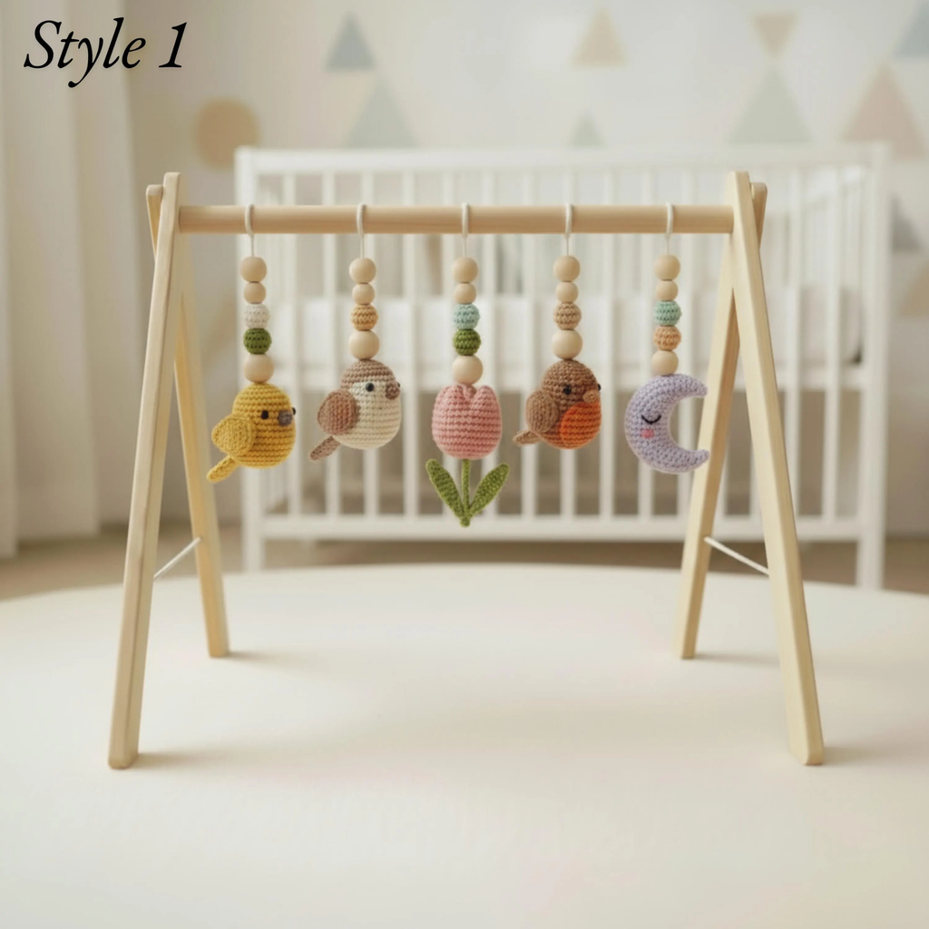 Celestial Bird Baby Gym, Wooden Play Gym with Crochet Birds, Tulip Moon & Star, Montessori Baby Activity Gym, Neutral Boho Nursery Decor, Baby Shower Gift