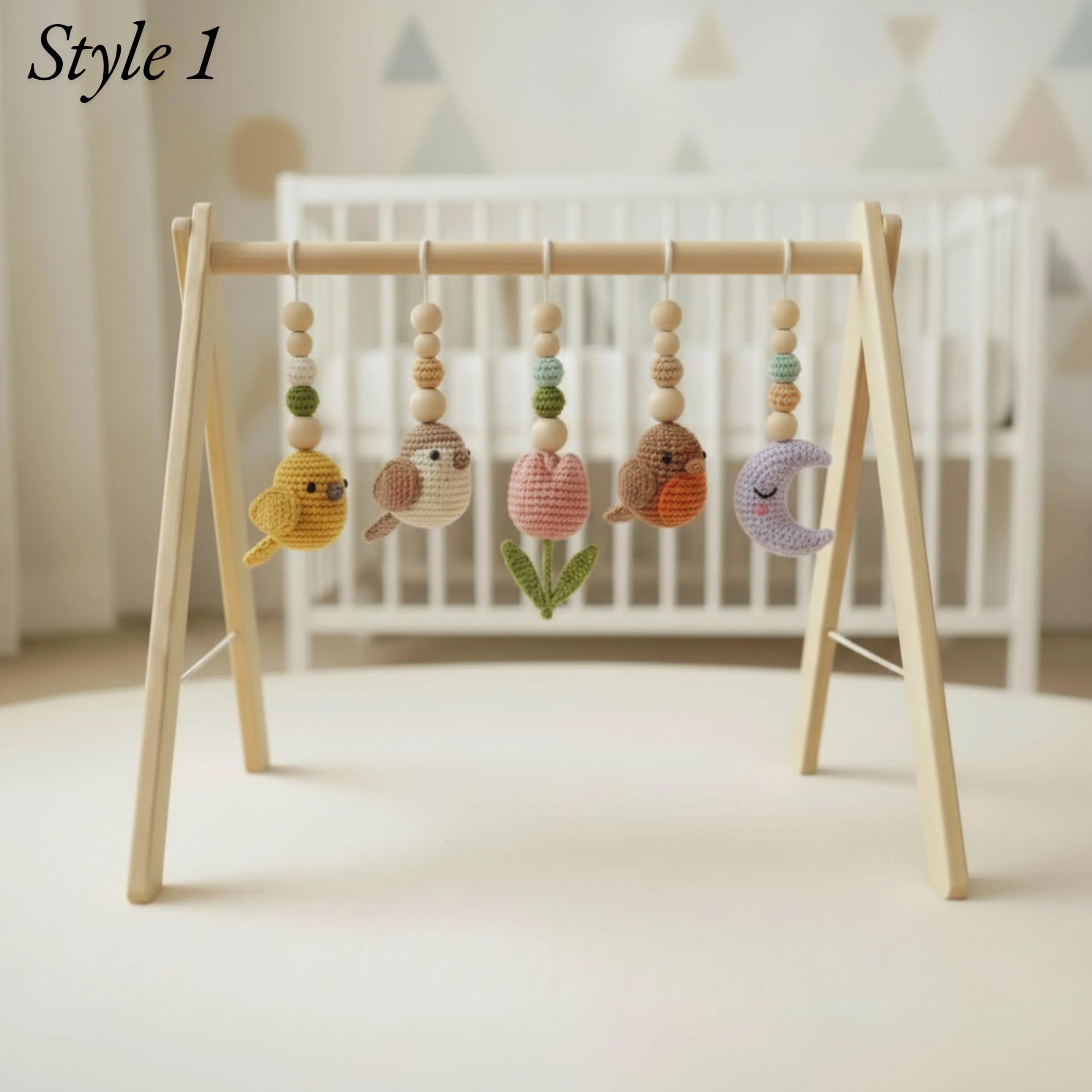 Celestial Bird Baby Gym, Wooden Play Gym with Crochet Birds, Tulip Moon & Star, Montessori Baby Activity Gym, Neutral Boho Nursery Decor, Baby Shower Gift