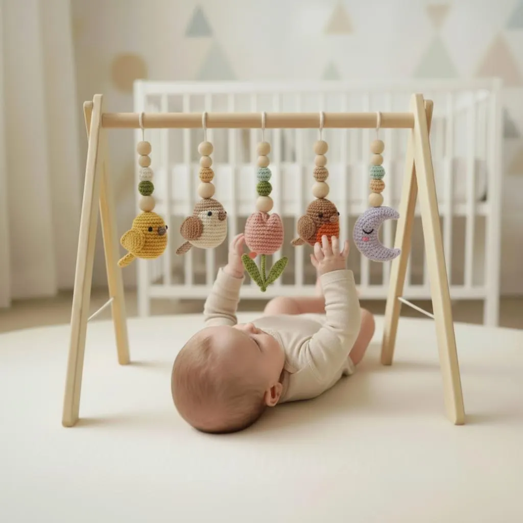 Celestial Bird Baby Gym, Wooden Play Gym with Crochet Birds, Tulip Moon & Star, Montessori Baby Activity Gym, Neutral Boho Nursery Decor, Baby Shower Gift