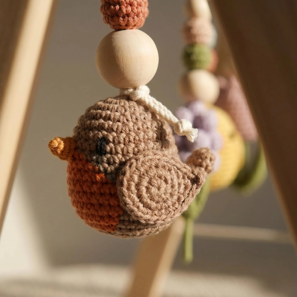 Celestial Bird Baby Gym, Wooden Play Gym with Crochet Birds, Tulip Moon & Star, Montessori Baby Activity Gym, Neutral Boho Nursery Decor, Baby Shower Gift