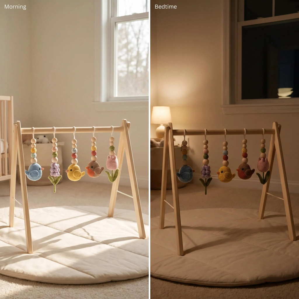 Celestial Bird Baby Gym, Wooden Play Gym with Crochet Birds, Tulip Moon & Star, Montessori Baby Activity Gym, Neutral Boho Nursery Decor, Baby Shower Gift