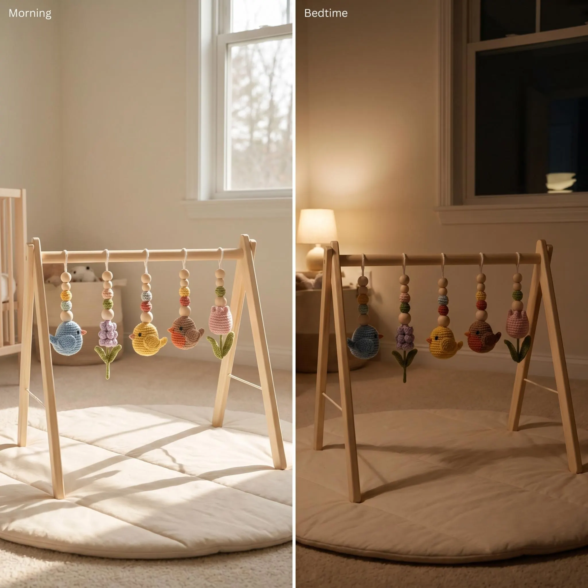 Celestial Bird Baby Gym, Wooden Play Gym with Crochet Birds, Tulip Moon & Star, Montessori Baby Activity Gym, Neutral Boho Nursery Decor, Baby Shower Gift