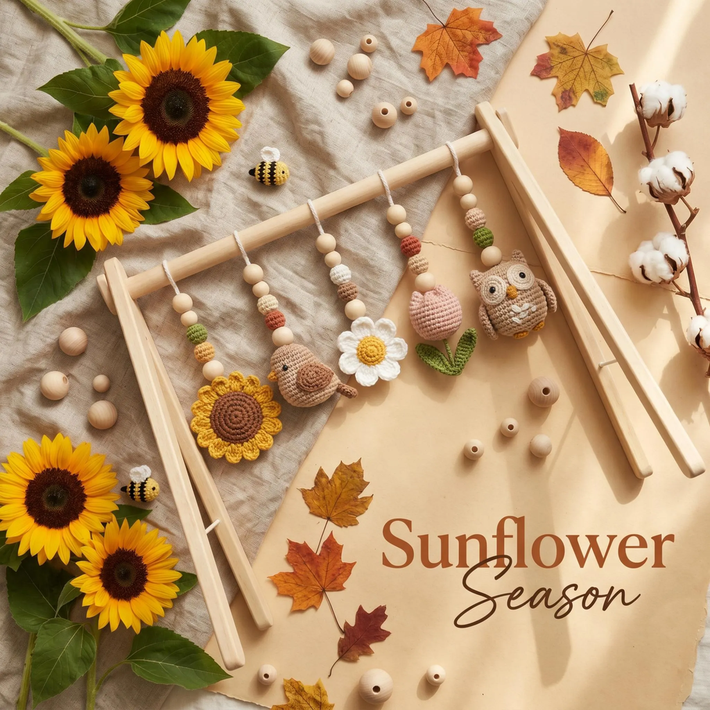 Sunflower Bird Baby Gym, Wooden Play Gym with Crochet Birds & Sunflower, Montessori Baby Gym, Boho Nursery Decor, Neutral Baby Shower Gift