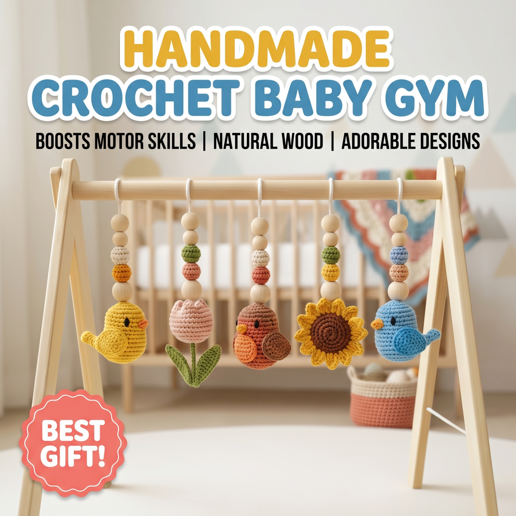 Sunflower Bird Baby Gym, Wooden Play Gym with Crochet Birds & Sunflower, Montessori Baby Gym, Boho Nursery Decor, Neutral Baby Shower Gift