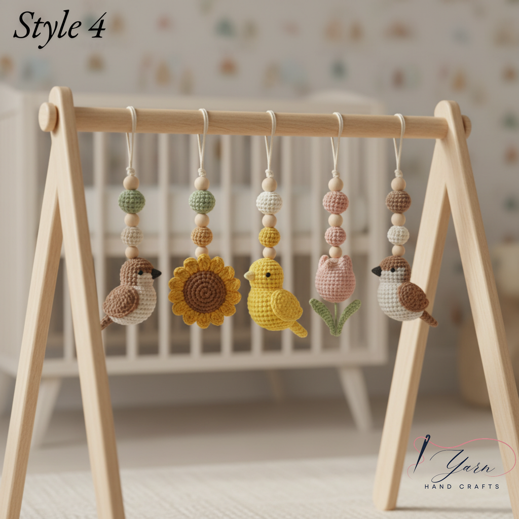 Sunflower Bird Baby Gym, Wooden Play Gym with Crochet Birds & Sunflower, Montessori Baby Gym, Boho Nursery Decor, Neutral Baby Shower Gift