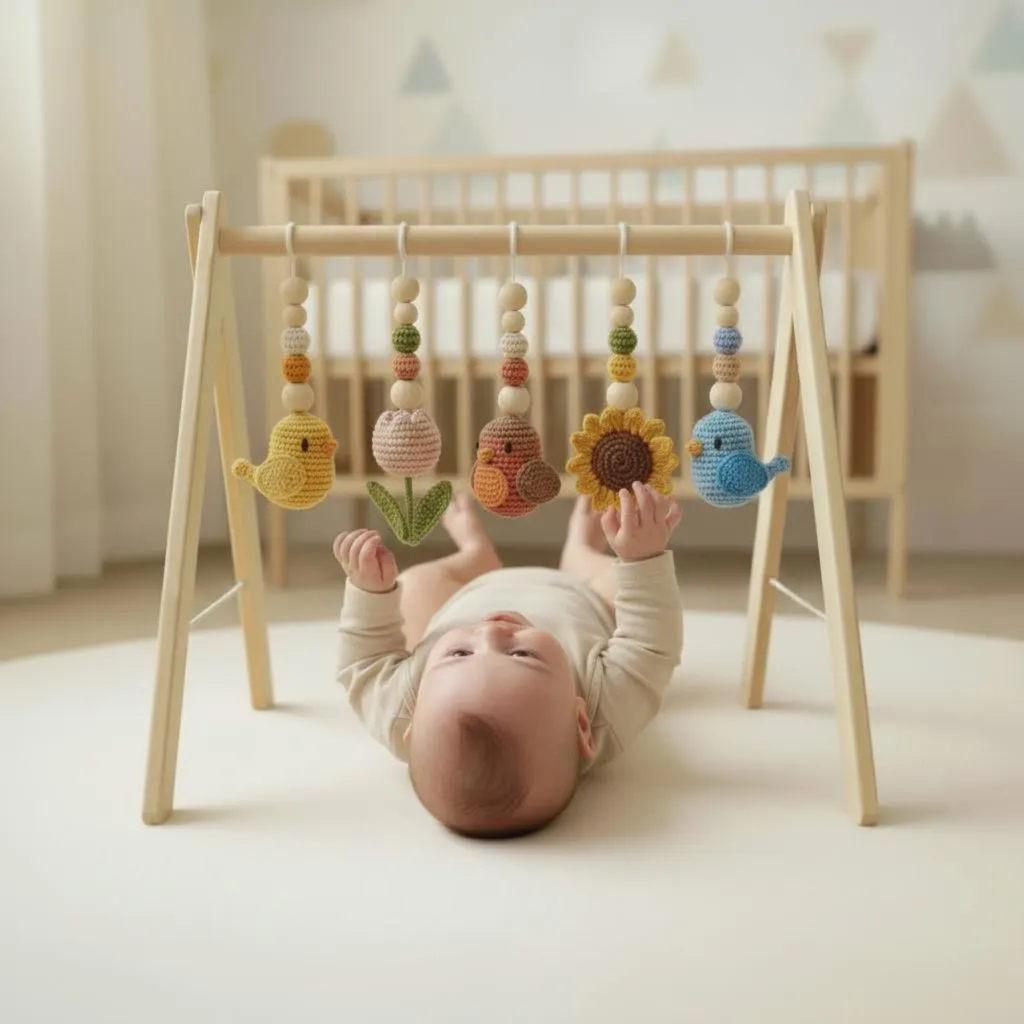 Sunflower Bird Baby Gym, Wooden Play Gym with Crochet Birds & Sunflower, Montessori Baby Gym, Boho Nursery Decor, Neutral Baby Shower Gift