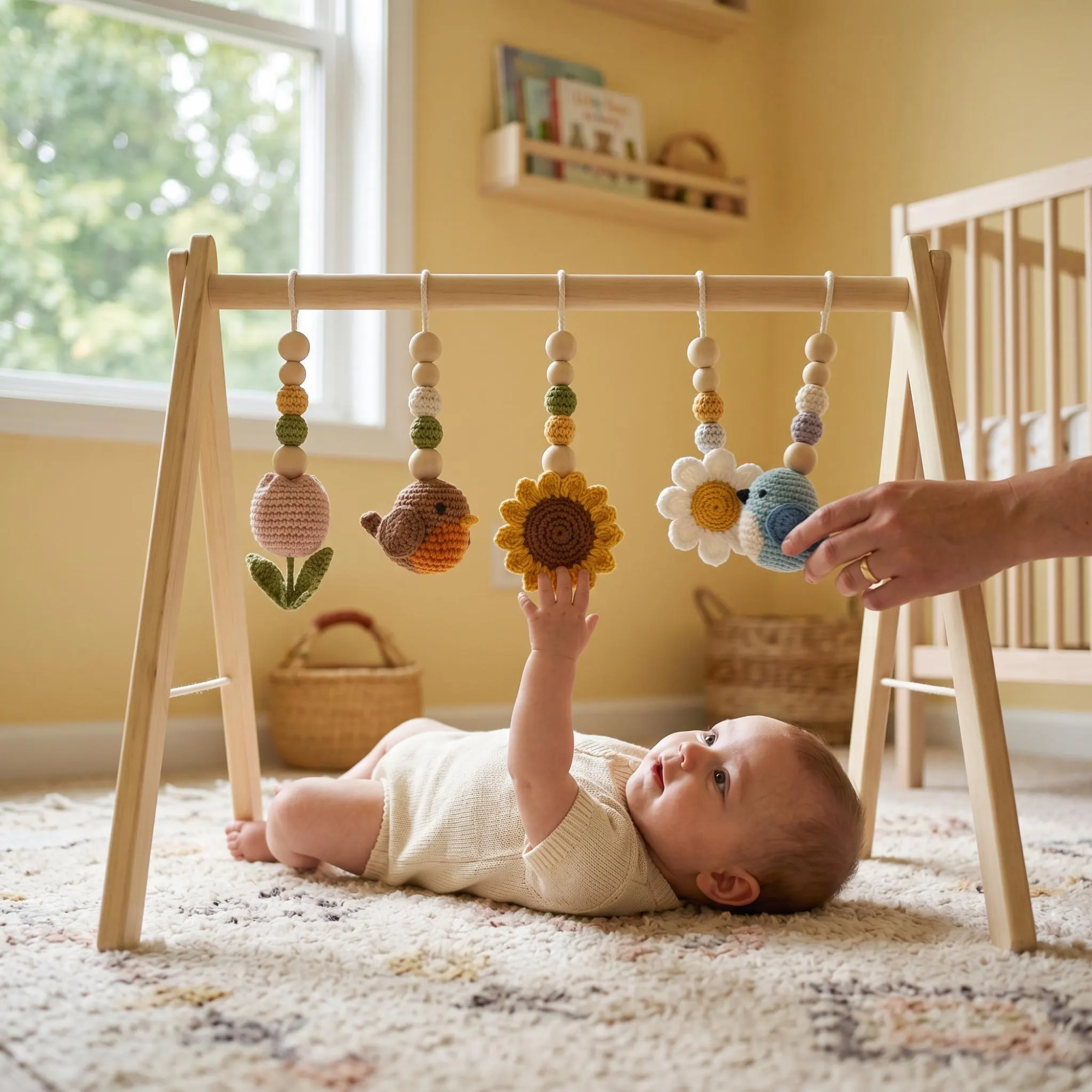 Sunflower Bird Baby Gym, Wooden Play Gym with Crochet Birds & Sunflower, Montessori Baby Gym, Boho Nursery Decor, Neutral Baby Shower Gift