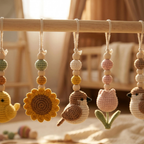 Sunflower Bird Baby Gym, Wooden Play Gym with Crochet Birds & Sunflower, Montessori Baby Gym, Boho Nursery Decor, Neutral Baby Shower Gift