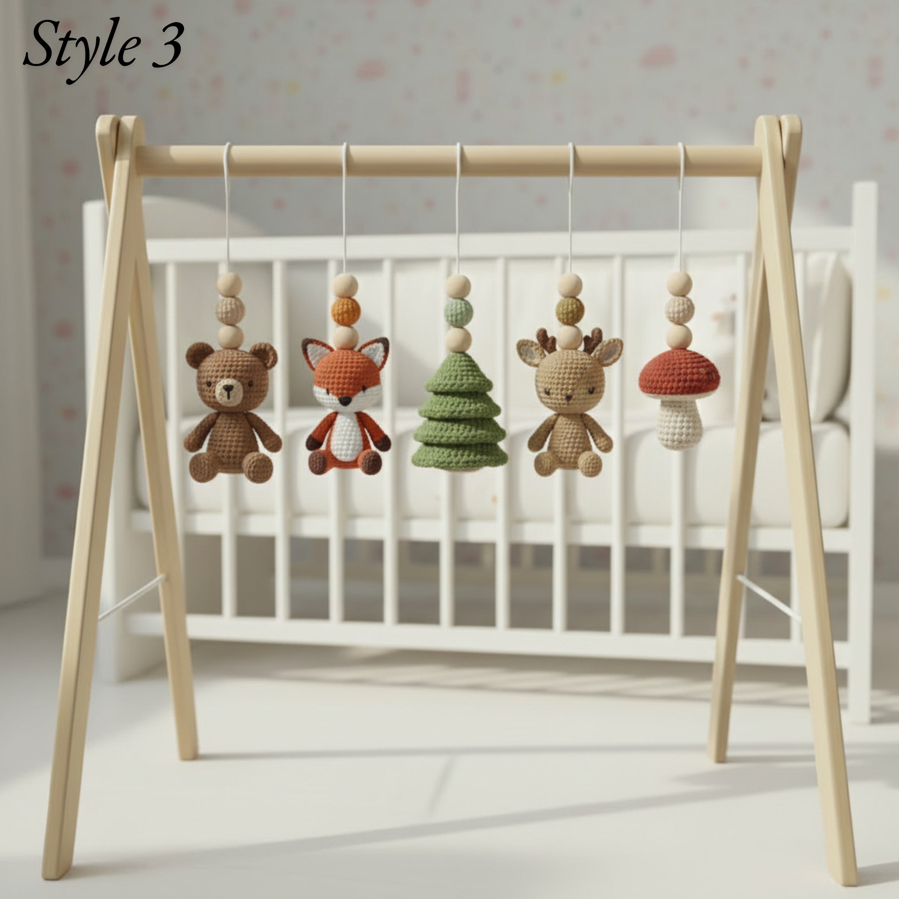 Woodland Baby Gym, Handmade Wooden Play Gym, Crochet Forest Animal Toys, Montessori Neutral Nursery Decor, Baby Shower Gift