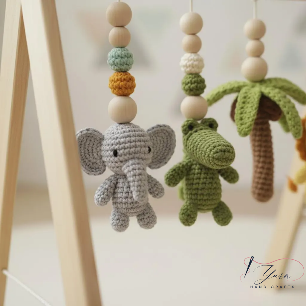 Handmade Safari Baby Play Gym Toys | Custom Jungle Animal Crochet Set | Montessori Wooden Baby Activity Gym | Nursery Decor Gift