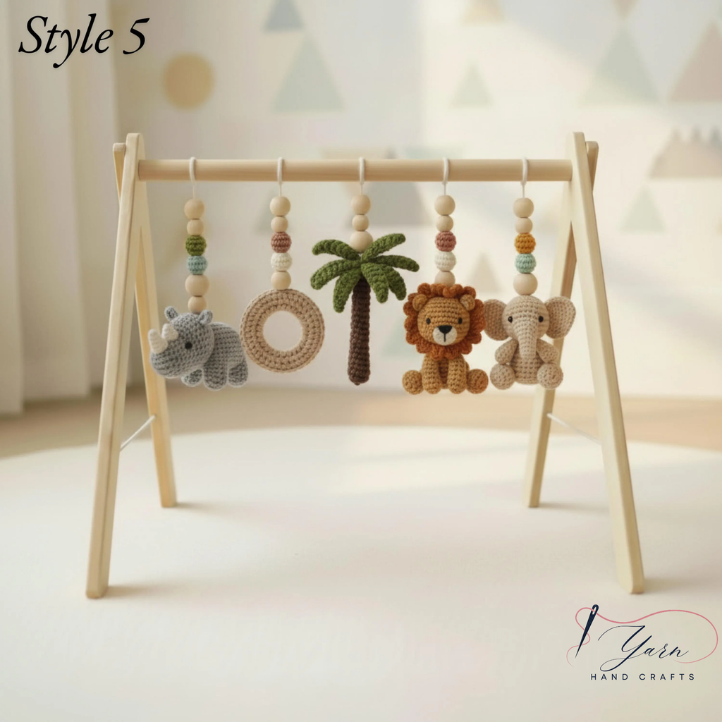 Handmade Safari Baby Play Gym Toys | Custom Jungle Animal Crochet Set | Montessori Wooden Baby Activity Gym | Nursery Decor Gift