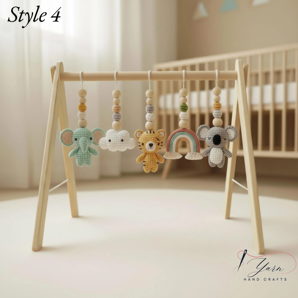 Handmade Safari Baby Play Gym Toys | Custom Jungle Animal Crochet Set | Montessori Wooden Baby Activity Gym | Nursery Decor Gift