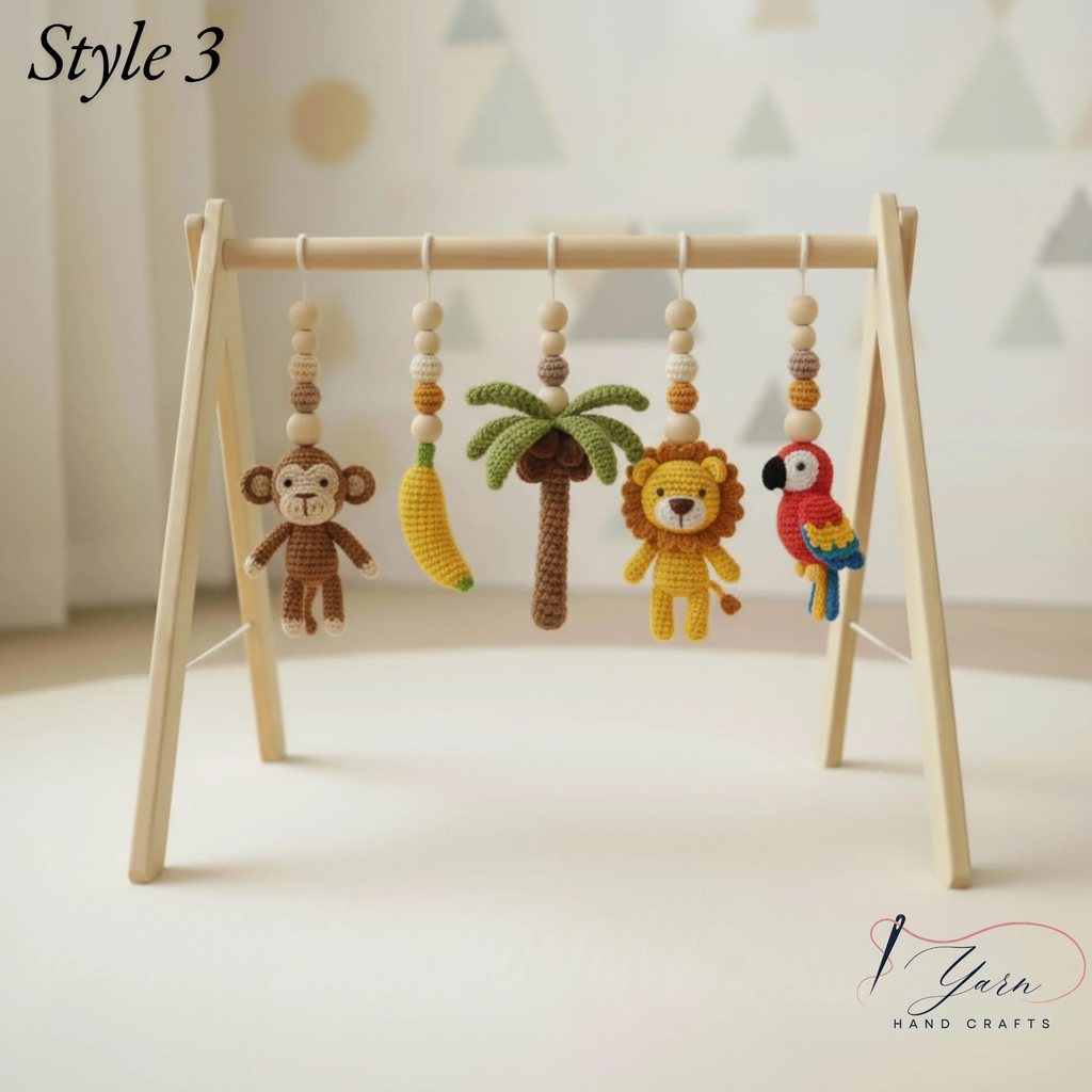 Handmade Safari Baby Play Gym Toys | Custom Jungle Animal Crochet Set | Montessori Wooden Baby Activity Gym | Nursery Decor Gift