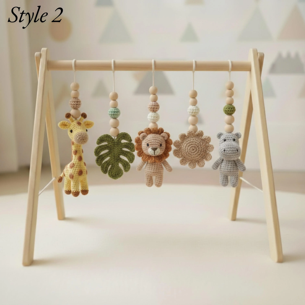 Handmade Safari Baby Play Gym Toys | Custom Jungle Animal Crochet Set | Montessori Wooden Baby Activity Gym | Nursery Decor Gift