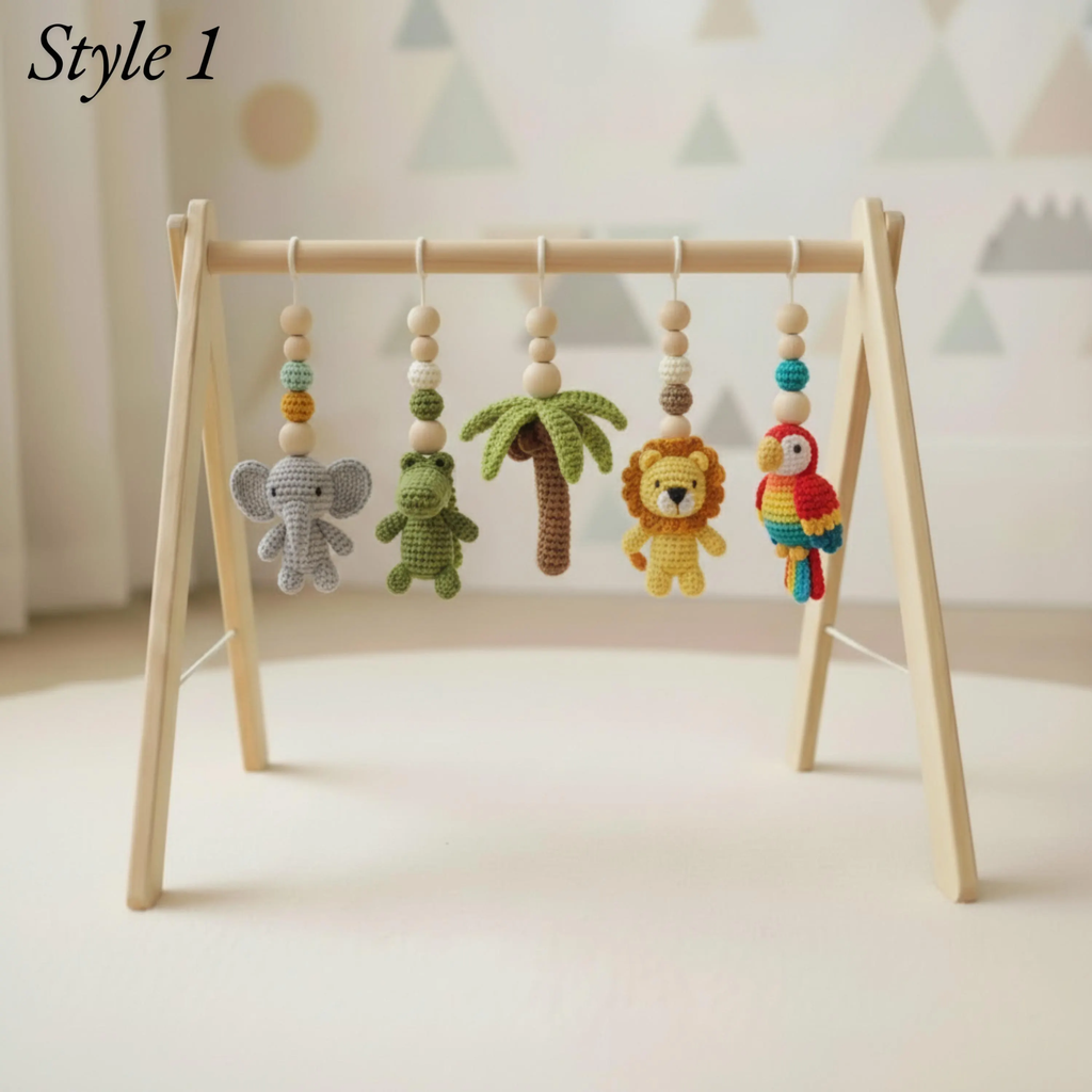 Handmade Safari Baby Play Gym Toys | Custom Jungle Animal Crochet Set | Montessori Wooden Baby Activity Gym | Nursery Decor Gift