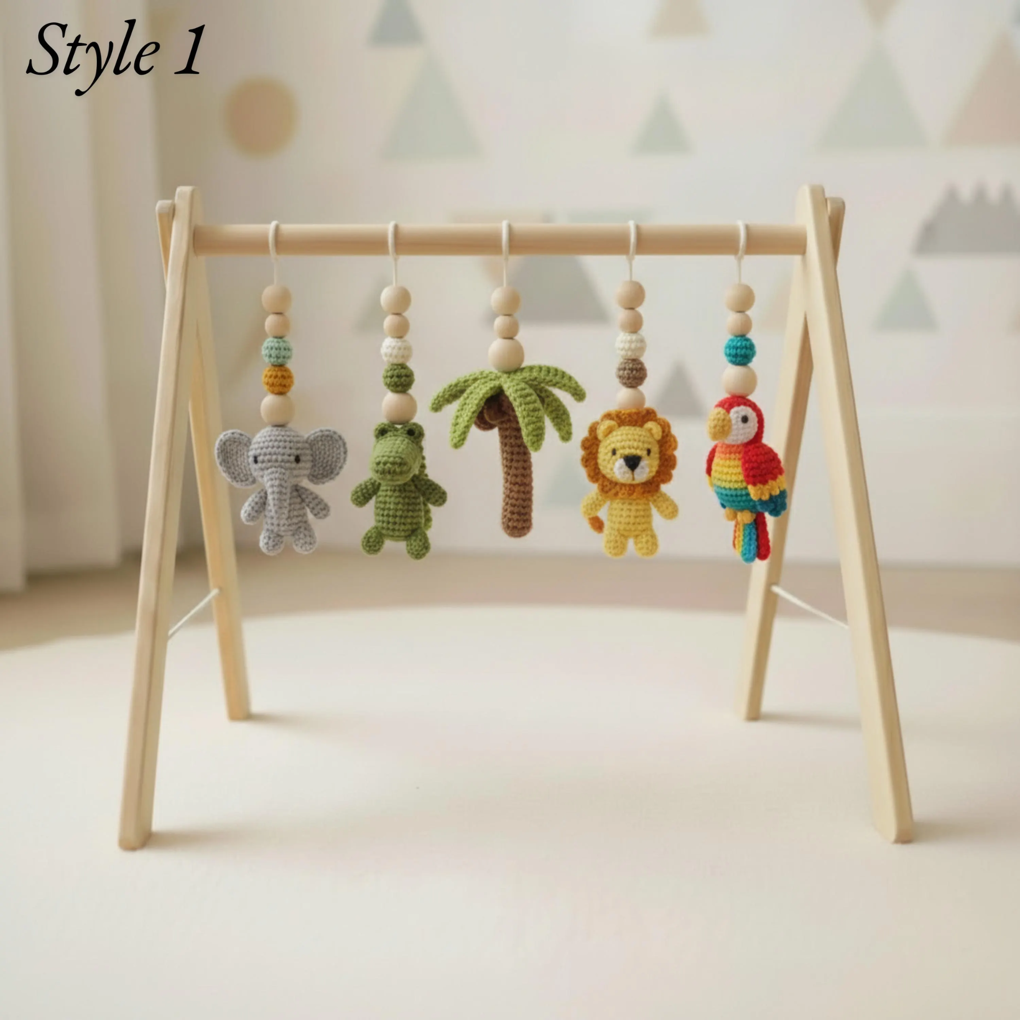 Handmade Safari Baby Play Gym Toys | Custom Jungle Animal Crochet Set | Montessori Wooden Baby Activity Gym | Nursery Decor Gift