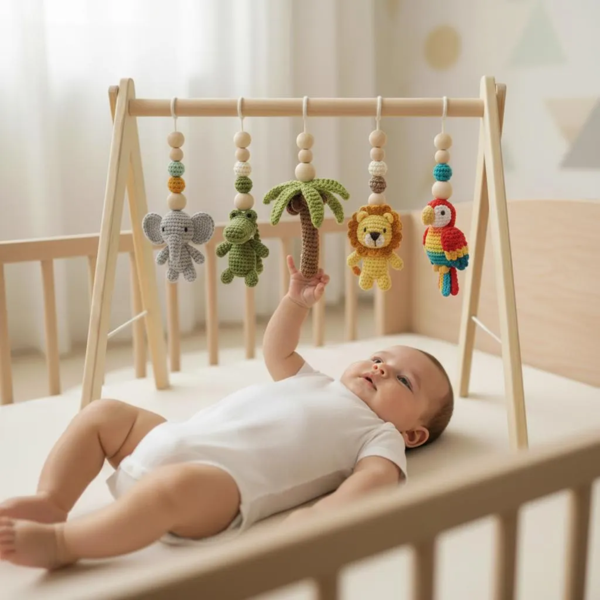 Handmade Safari Baby Play Gym Toys | Custom Jungle Animal Crochet Set | Montessori Wooden Baby Activity Gym | Nursery Decor Gift