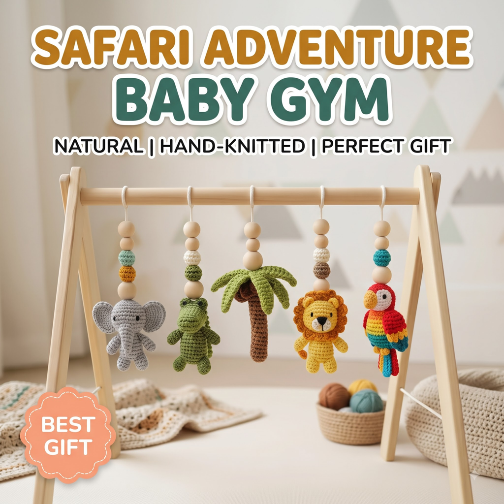 Handmade Safari Baby Play Gym Toys | Custom Jungle Animal Crochet Set | Montessori Wooden Baby Activity Gym | Nursery Decor Gift