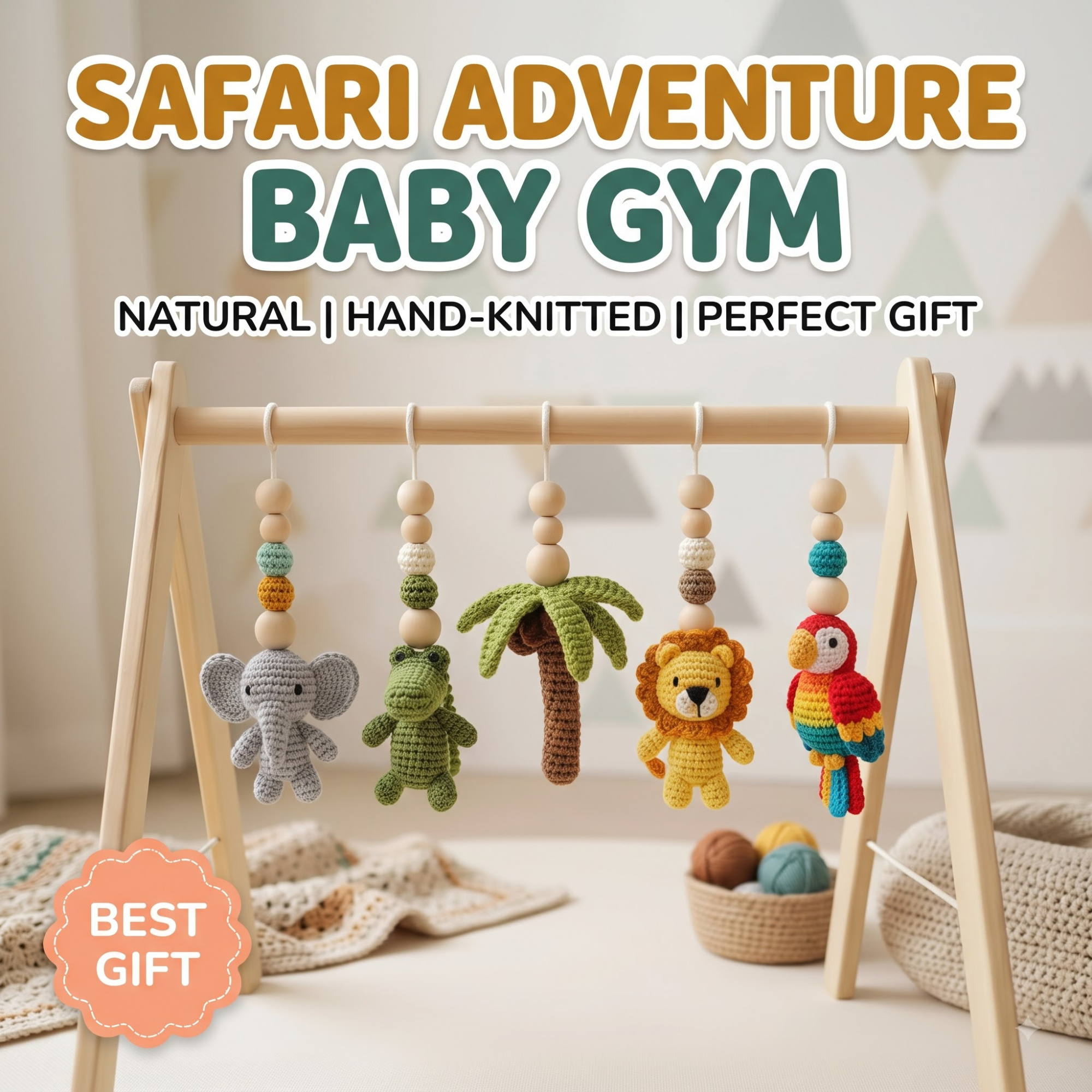 Handmade Safari Baby Play Gym Toys | Custom Jungle Animal Crochet Set | Montessori Wooden Baby Activity Gym | Nursery Decor Gift