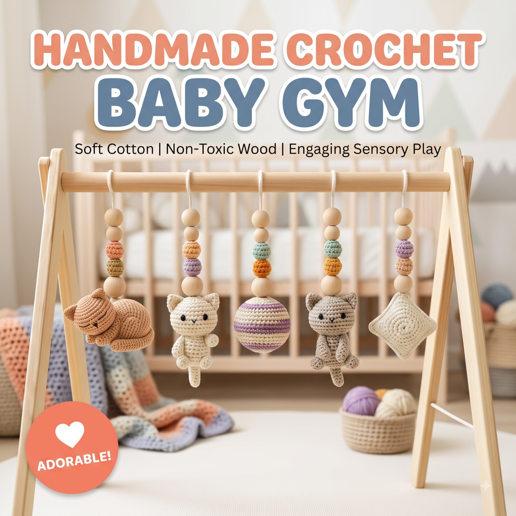 Cat Baby Gym Gift Set, Crochet Kitten Wooden Play Gym, Montessori Cat Theme Nursery Decor, Baby Shower Gift Bundle, Handmade Baby Toy