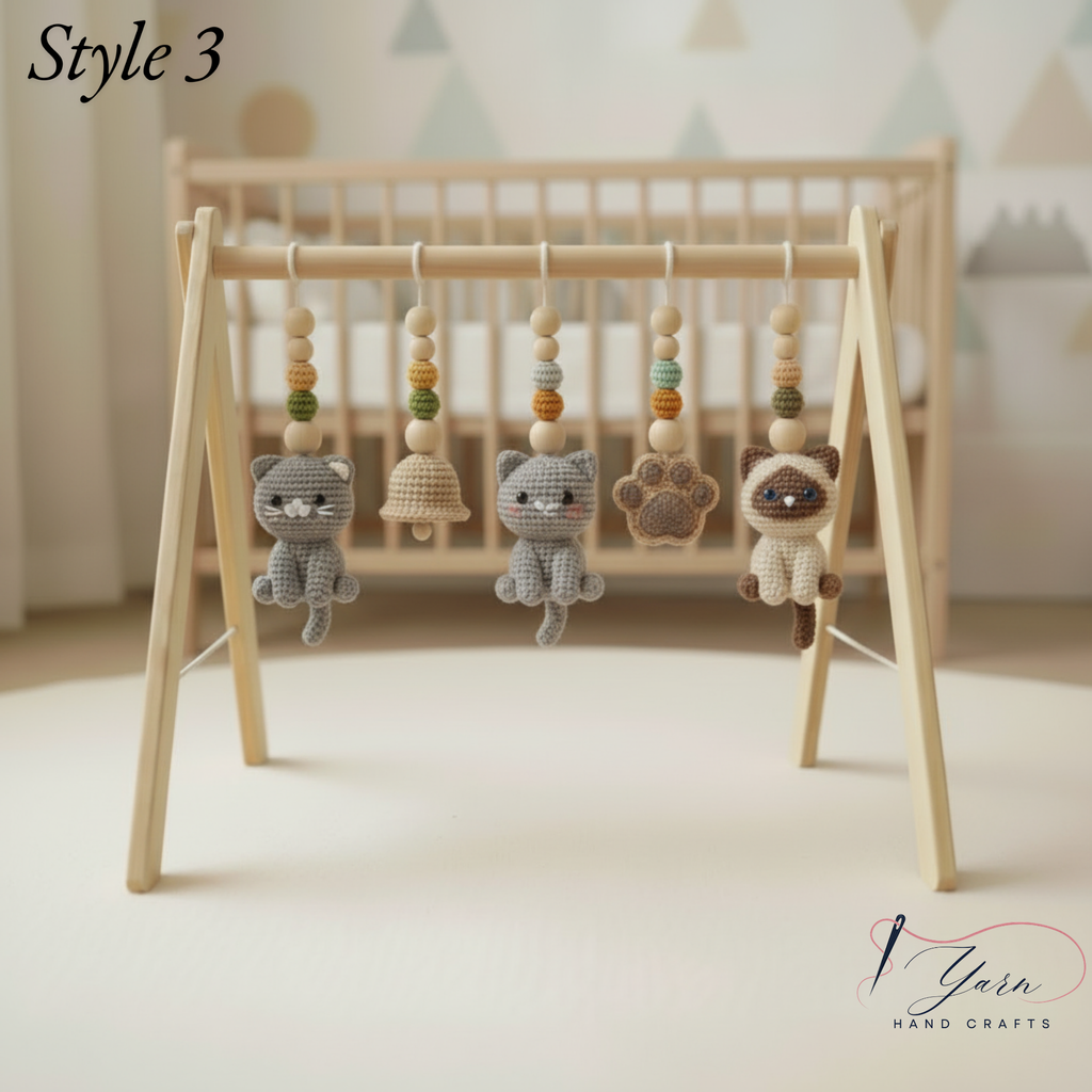 Cat Baby Gym Gift Set, Crochet Kitten Wooden Play Gym, Montessori Cat Theme Nursery Decor, Baby Shower Gift Bundle, Handmade Baby Toy