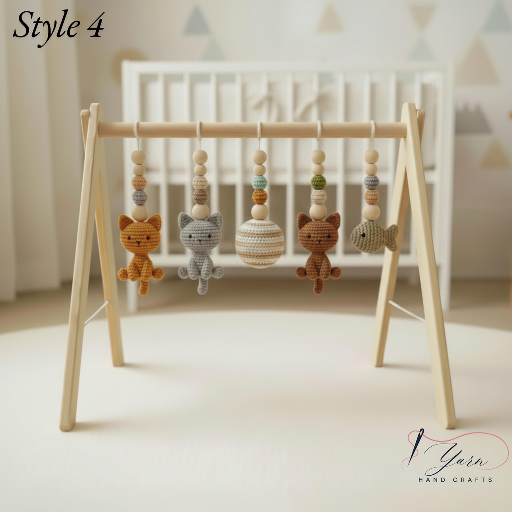 Cat Baby Gym Gift Set, Crochet Kitten Wooden Play Gym, Montessori Cat Theme Nursery Decor, Baby Shower Gift Bundle, Handmade Baby Toy