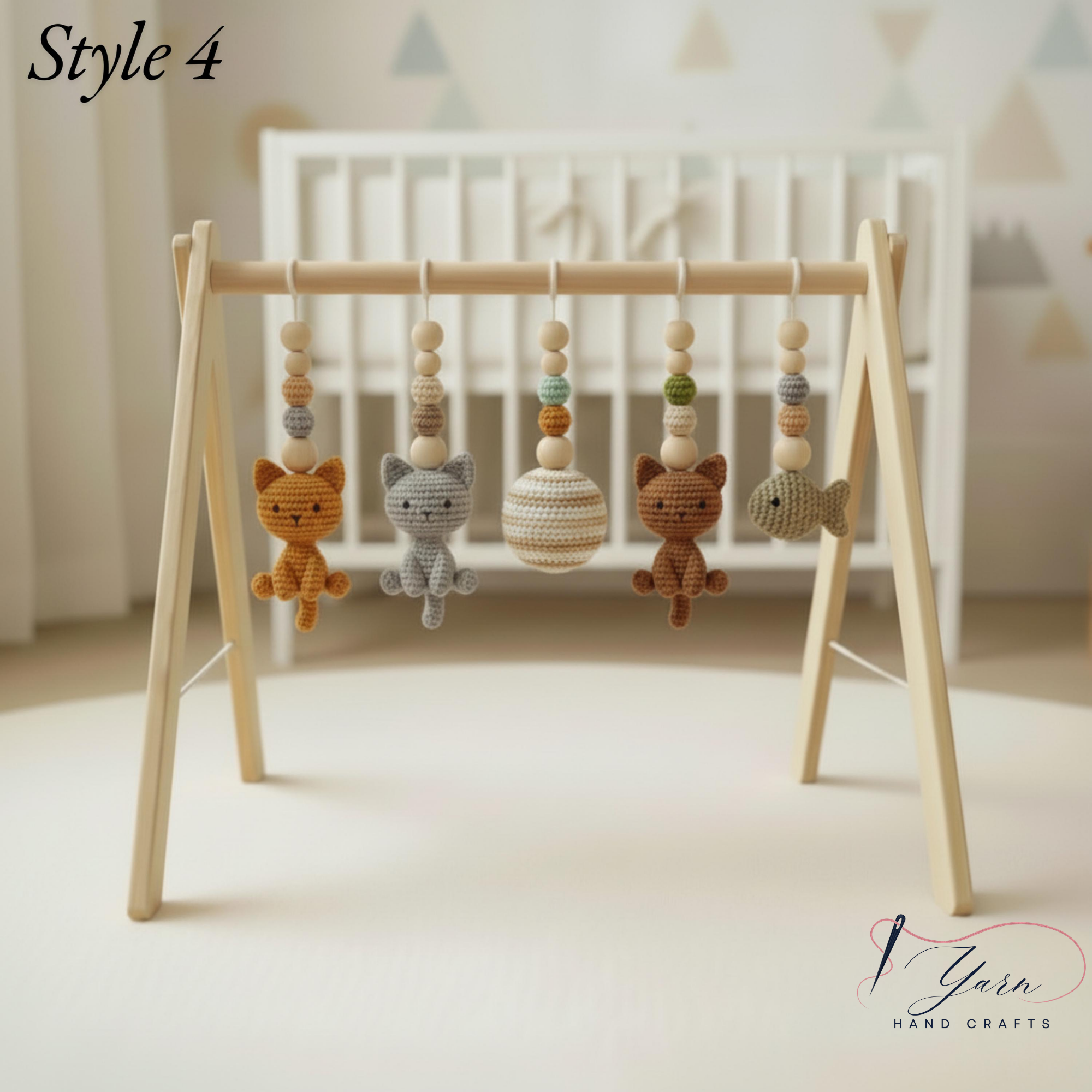 Cat Baby Gym Gift Set, Crochet Kitten Wooden Play Gym, Montessori Cat Theme Nursery Decor, Baby Shower Gift Bundle, Handmade Baby Toy