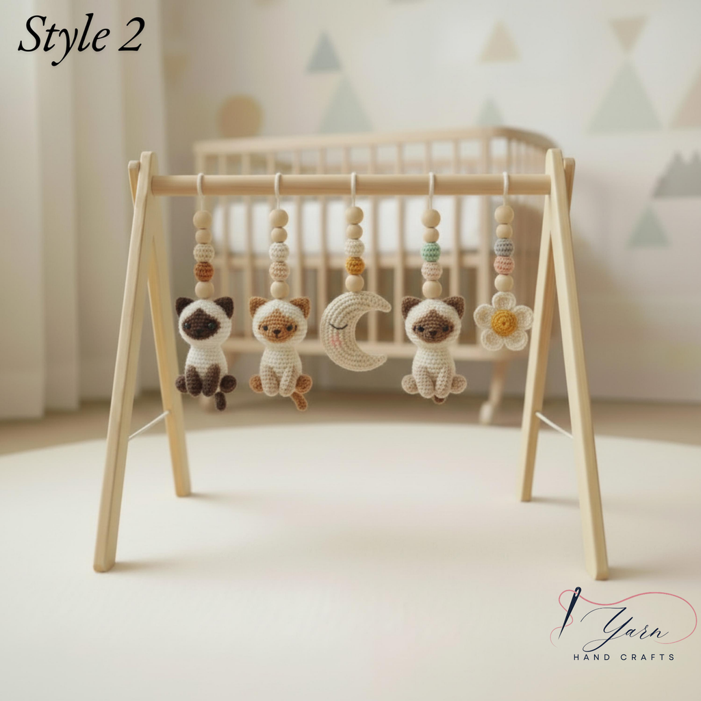 Cat Baby Gym Gift Set, Crochet Kitten Wooden Play Gym, Montessori Cat Theme Nursery Decor, Baby Shower Gift Bundle, Handmade Baby Toy