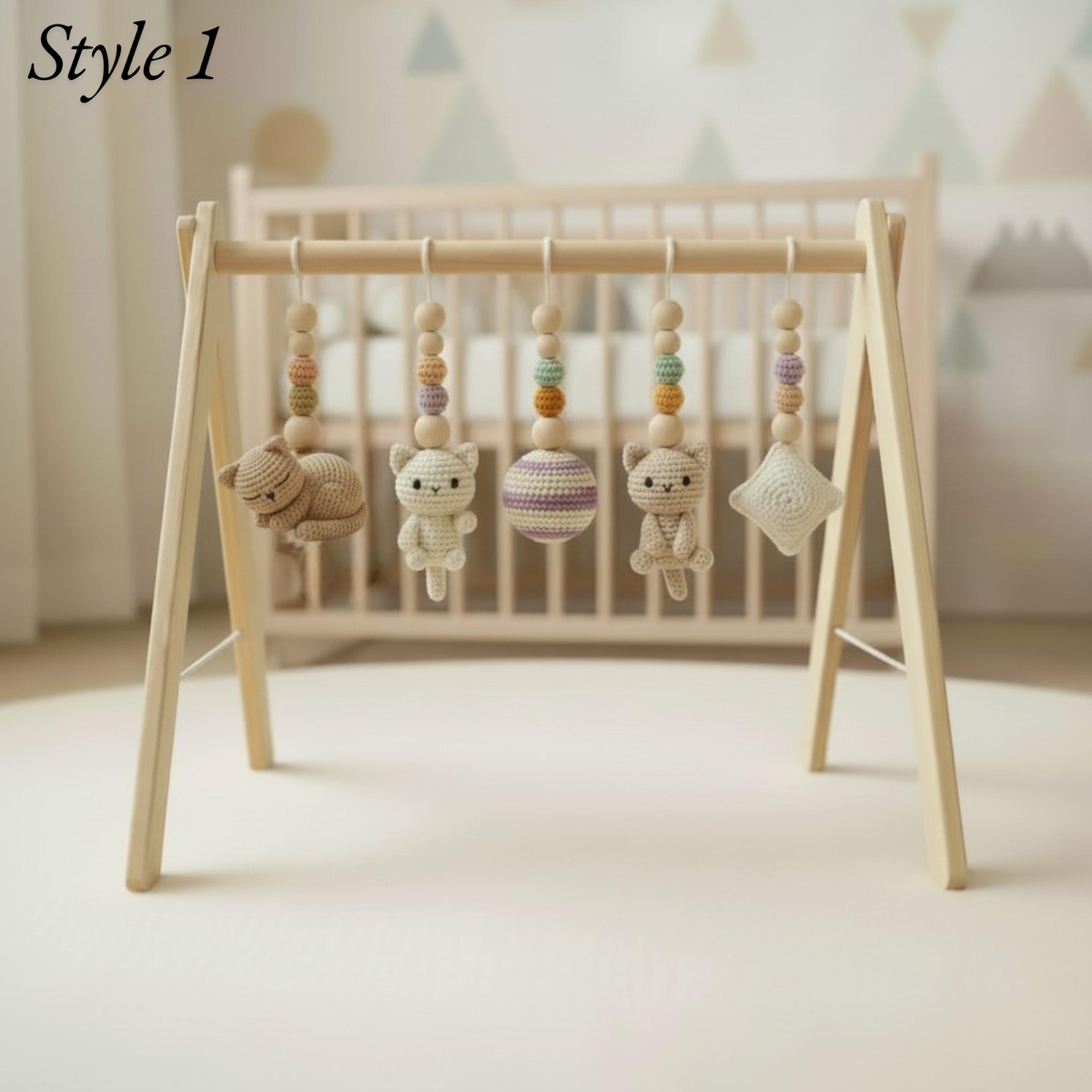 Sleeping cat crochet baby gym toys with pastel striped ball and star