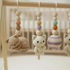 Cat Baby Gym Gift Set, Crochet Kitten Wooden Play Gym, Montessori Cat Theme Nursery Decor, Baby Shower Gift Bundle, Handmade Baby Toy
