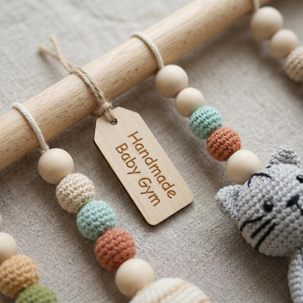 Cat Baby Gym Gift Set, Crochet Kitten Wooden Play Gym, Montessori Cat Theme Nursery Decor, Baby Shower Gift Bundle, Handmade Baby Toy