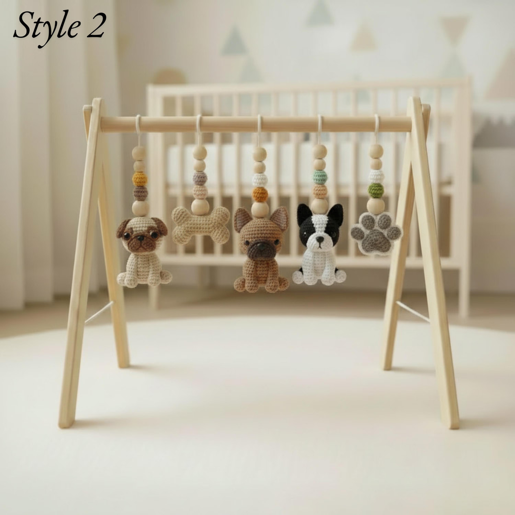 Handmade Puppy Baby Gym, Wooden Baby Play Gym with Crochet Dog Toys, Montessori Activity Gym, Neutral Nursery Decor, Baby Shower Gift
