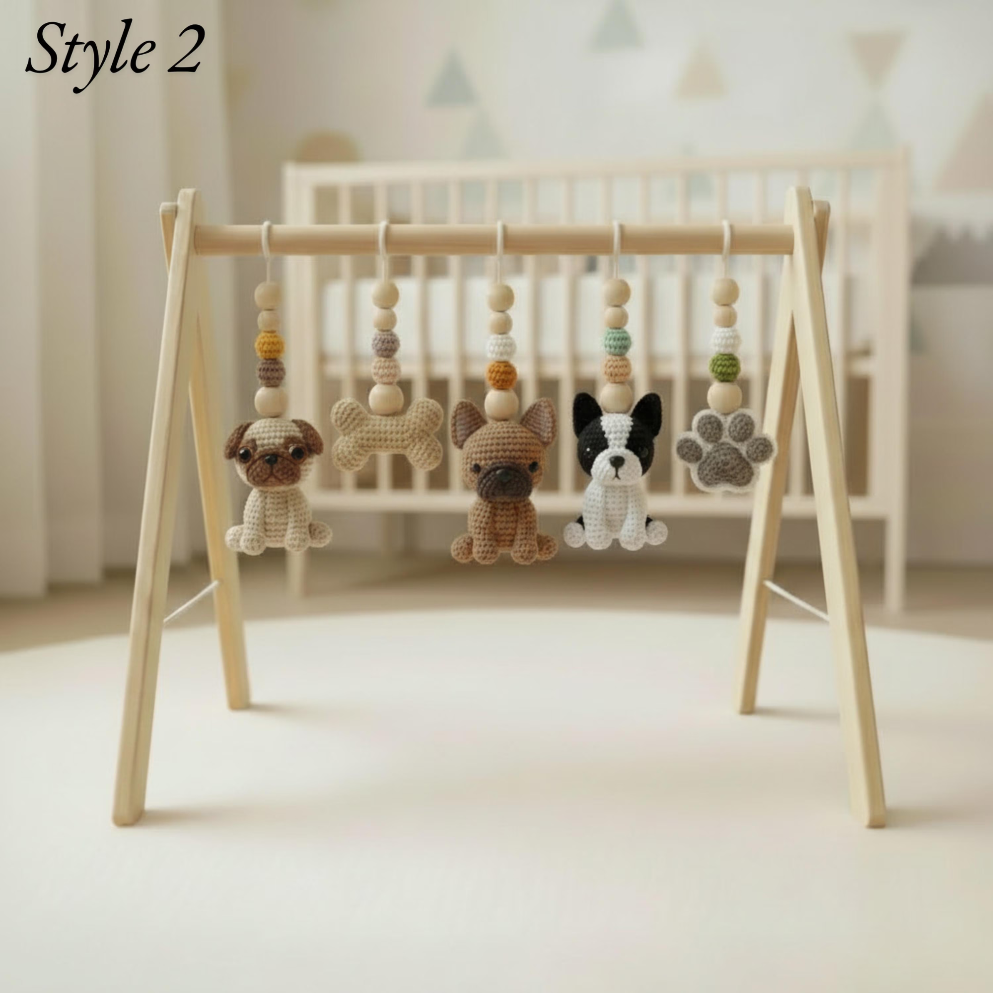 Handmade Puppy Baby Gym, Wooden Baby Play Gym with Crochet Dog Toys, Montessori Activity Gym, Neutral Nursery Decor, Baby Shower Gift