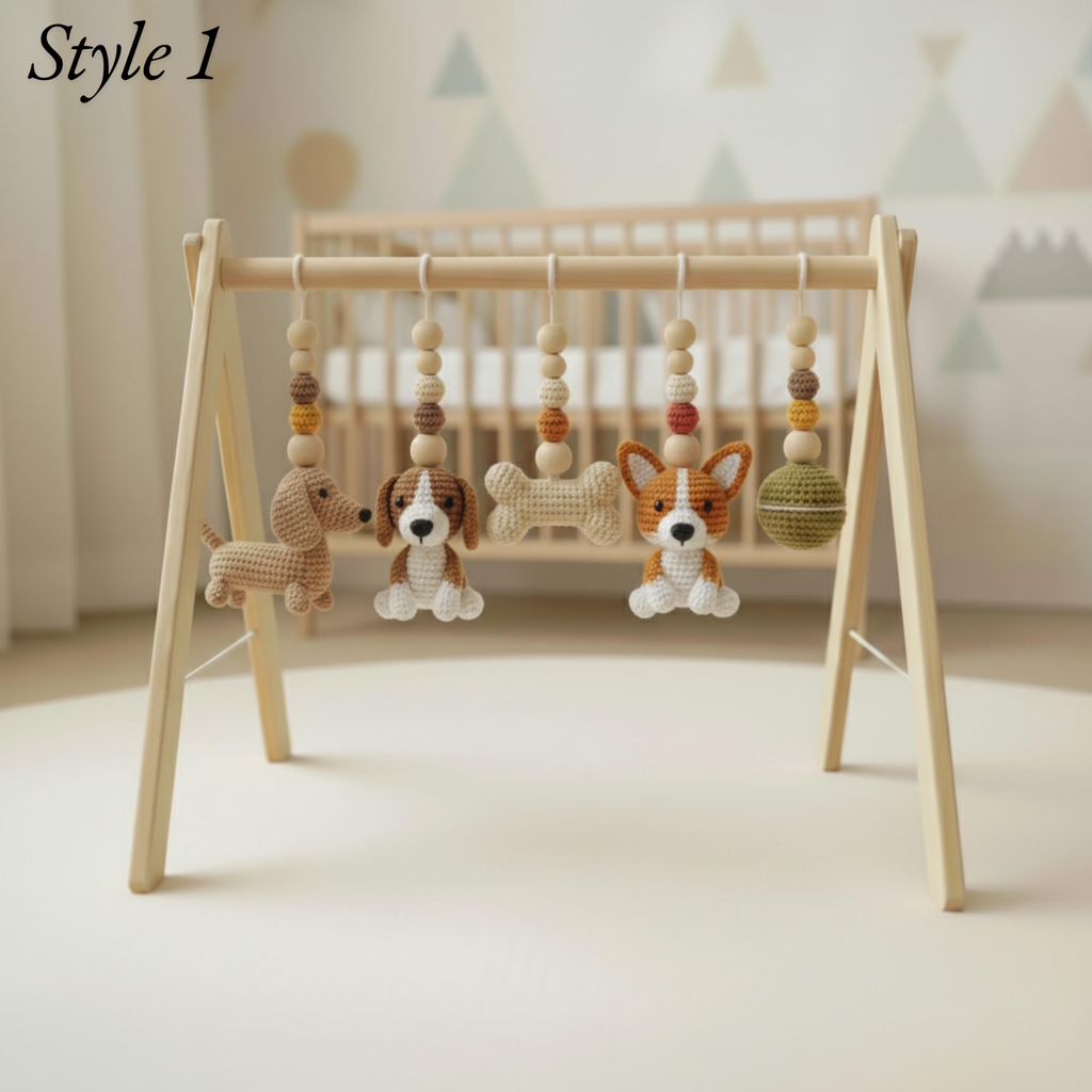 Handmade Puppy Baby Gym, Wooden Baby Play Gym with Crochet Dog Toys, Montessori Activity Gym, Neutral Nursery Decor, Baby Shower Gift